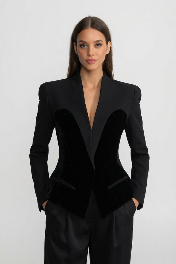 BLAZER ENTALLADA DE MANGA LARGA CON PANELES DE TERCIOPELO ESTILO CORSÉ - NEGRO