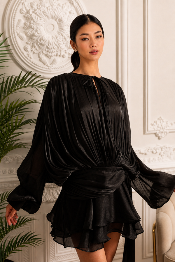 VESTIDO DRAPEADO CON MINIFALDA Y CINTURA FRUNCIDA - NEGRO