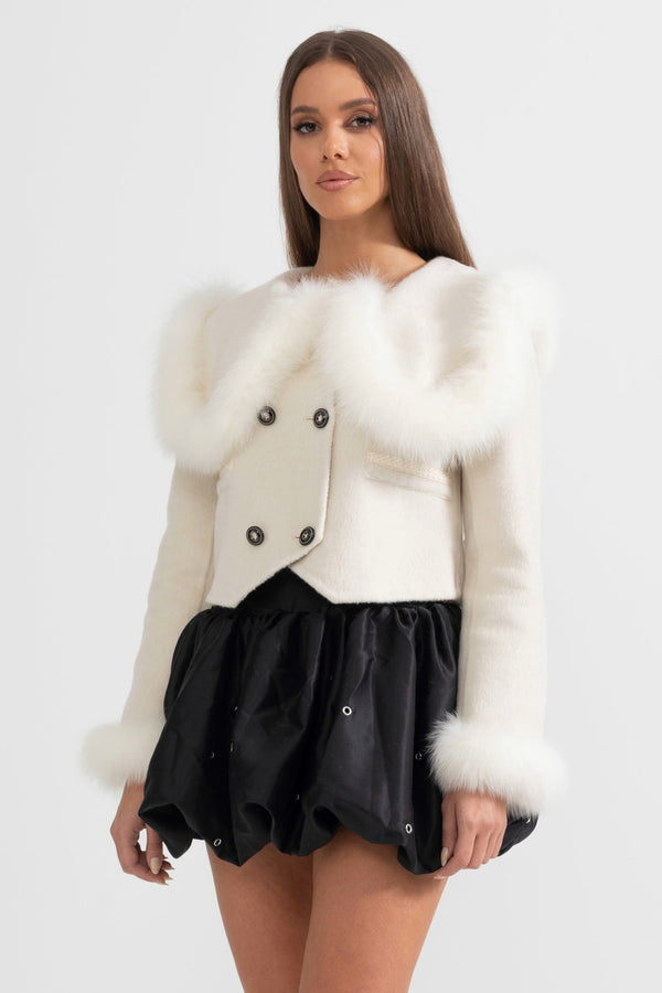 CHAQUETA CORTA CRUZADA CON CUELLO DE PELO - BLANCO