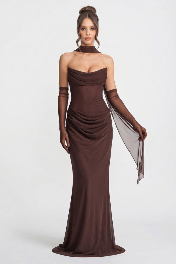 VESTIDO MAXI PALABRA DE HONOR DRAPEADO CON ESCOTE CAÍDO Y PAÑUELO TRANSPARENTE - MARRÓN