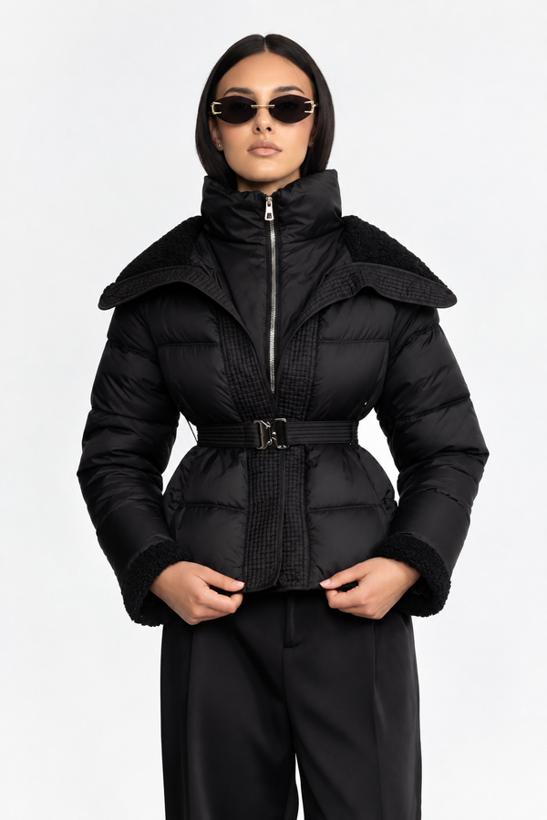 CHAQUETA ACOLCHADA CON CINTURÓN Y CUELLO DE BORREGUITO - NEGRO