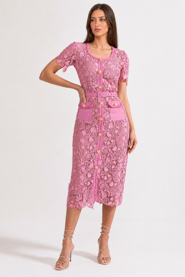 VESTIDO MIDI DE ENCAJE - ROSA