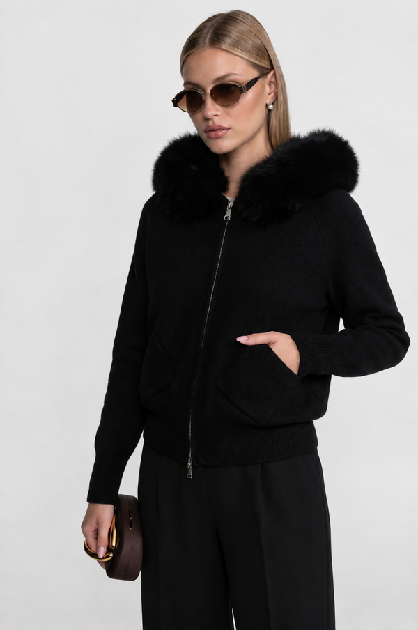 SUDADERA DE LANA CON CREMALLERA Y CUELLO DE PELO SINTÉTICO - NEGRO