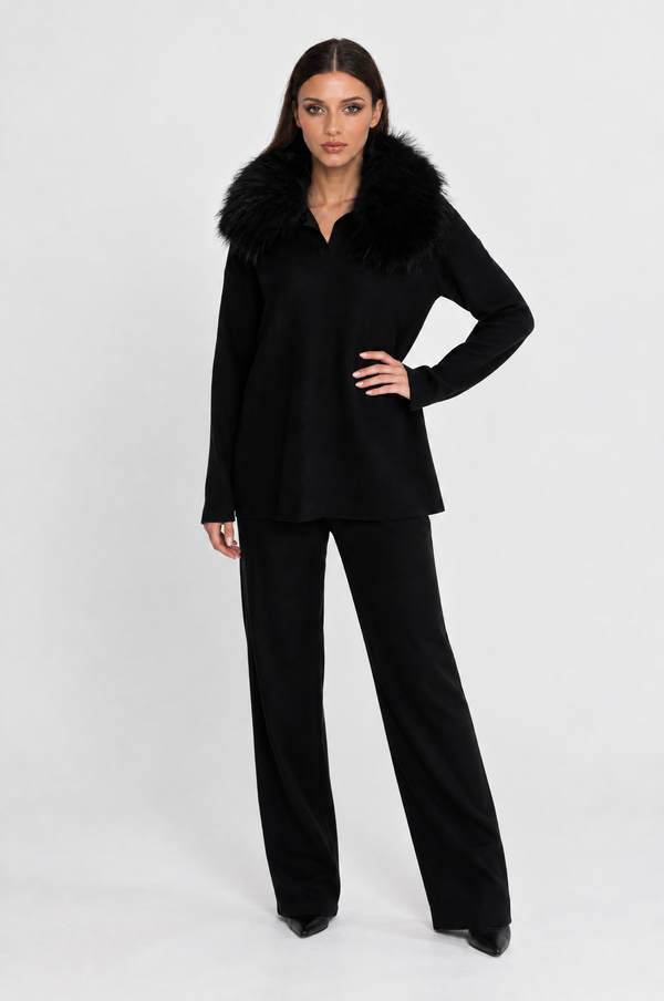 CONJUNTO DE PUNTO CON CUELLO DE PELO - NEGRO