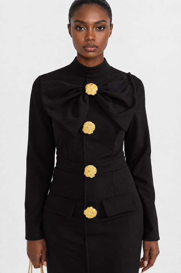 VESTIDO ENTALLADO CON LAZO Y BOTONES FLORALES - NEGRO