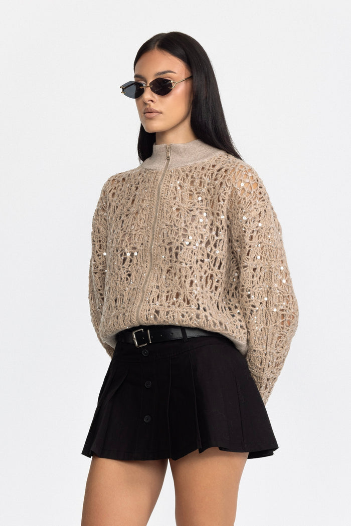 CÁRDIGAN DE PUNTO CALADO CON LENTEJUELAS Y CREMALLERA - BEIGE