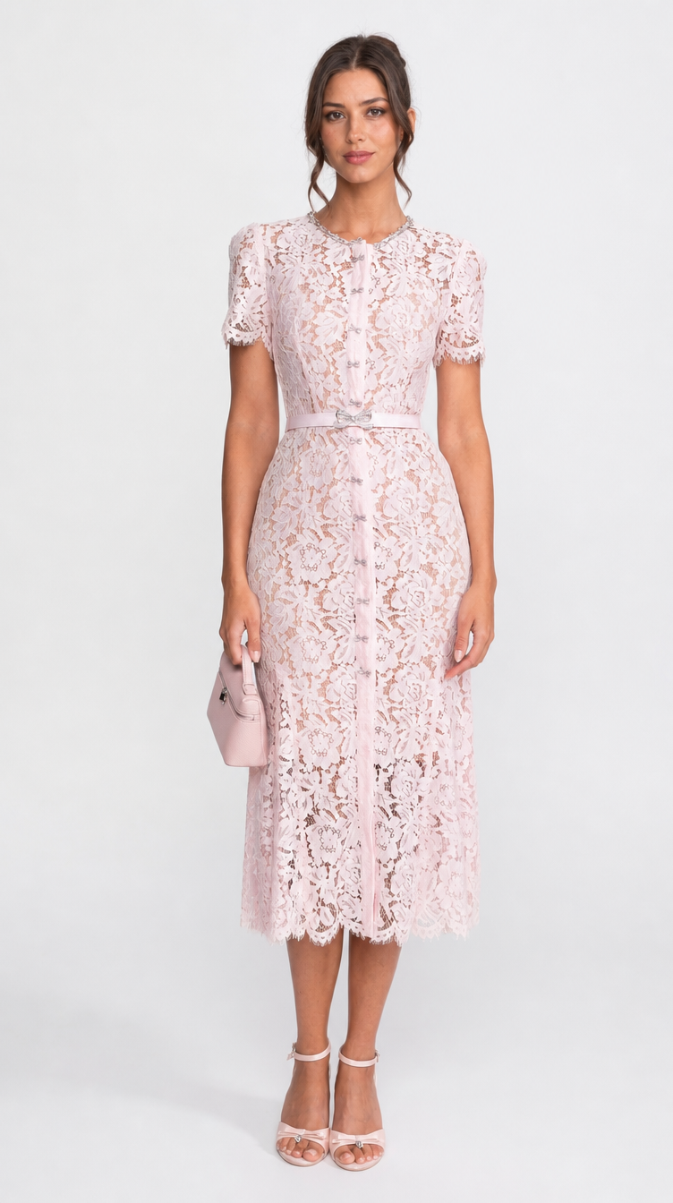 VESTIDO DE ENCAJE FLORAL AJUSTADO CON BAJO FESTONEADO - ROSA PALO