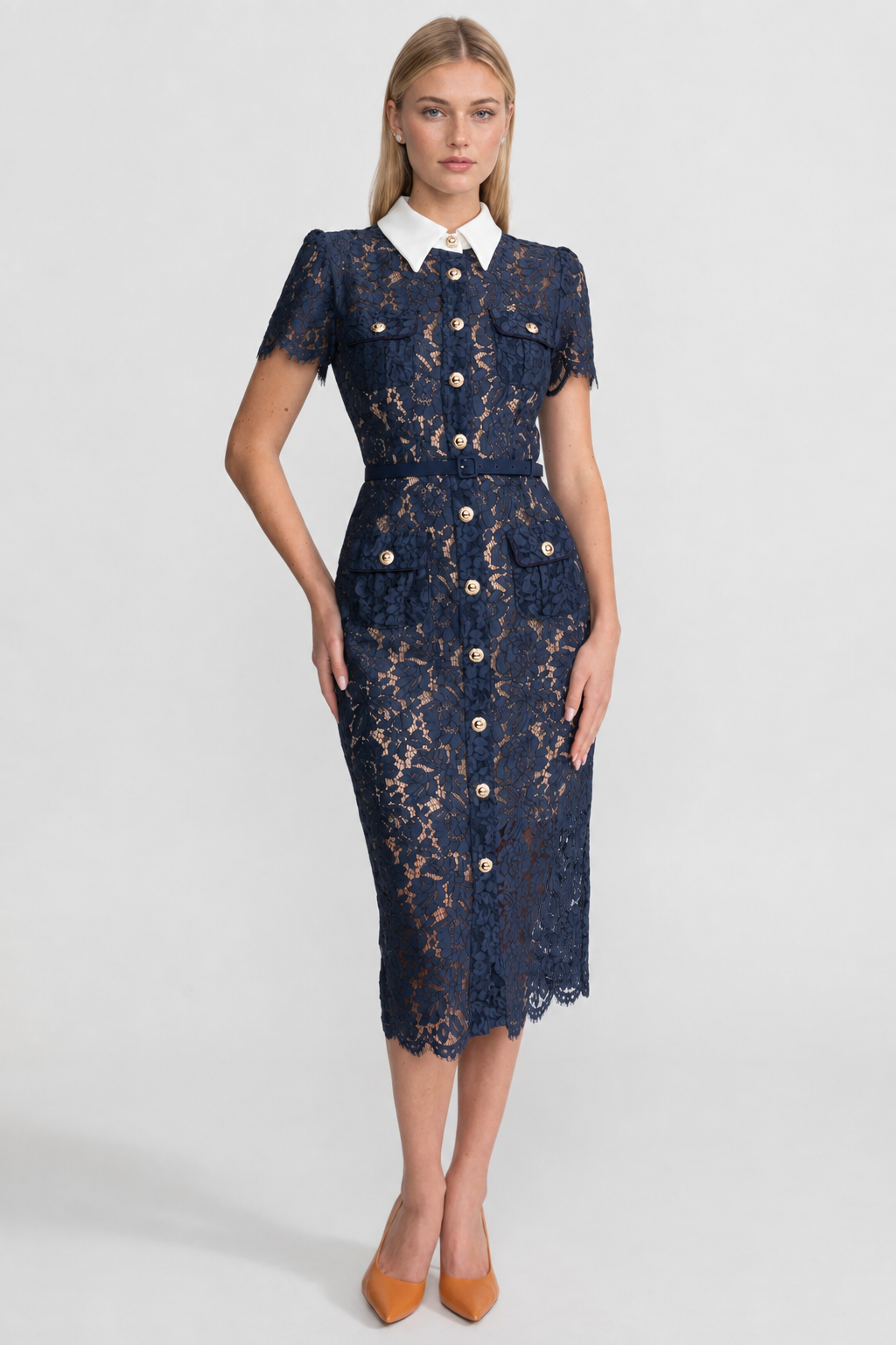 VESTIDO MIDI DE ENCAJE FLORAL CON CUELLO SASTRE - AZUL MARINO