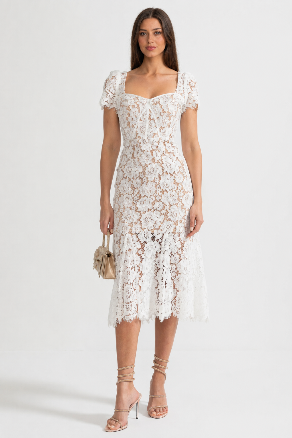 VESTIDO DE ENCAJE CON CINTURÓN A JUEGO - BLANCO