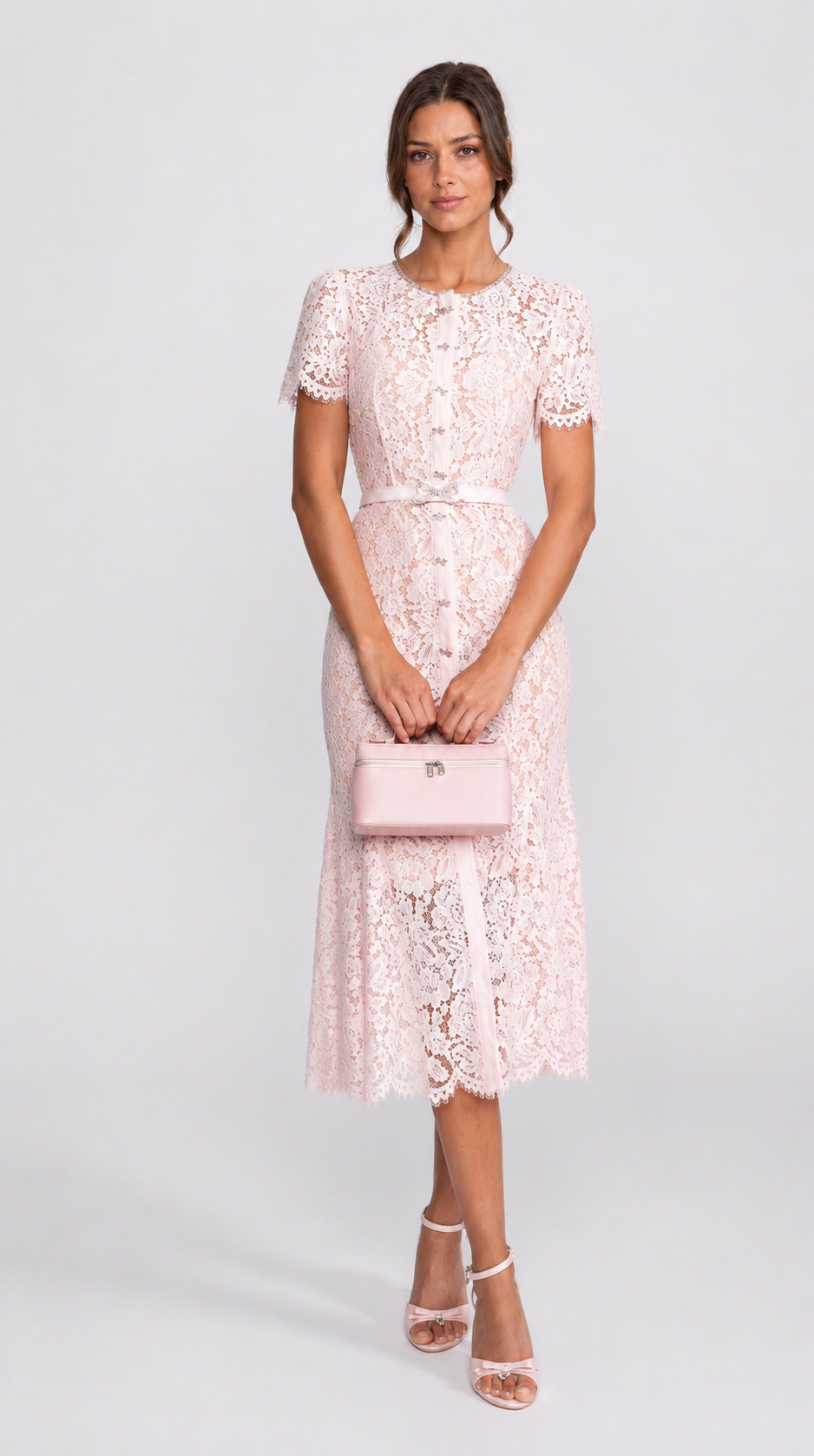 VESTIDO DE ENCAJE FLORAL AJUSTADO CON BAJO FESTONEADO - ROSA PALO