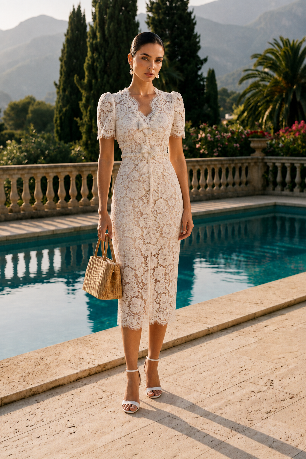 VESTIDO MIDI DE ENCAJE BORDADO CON LAZO - MARFIL