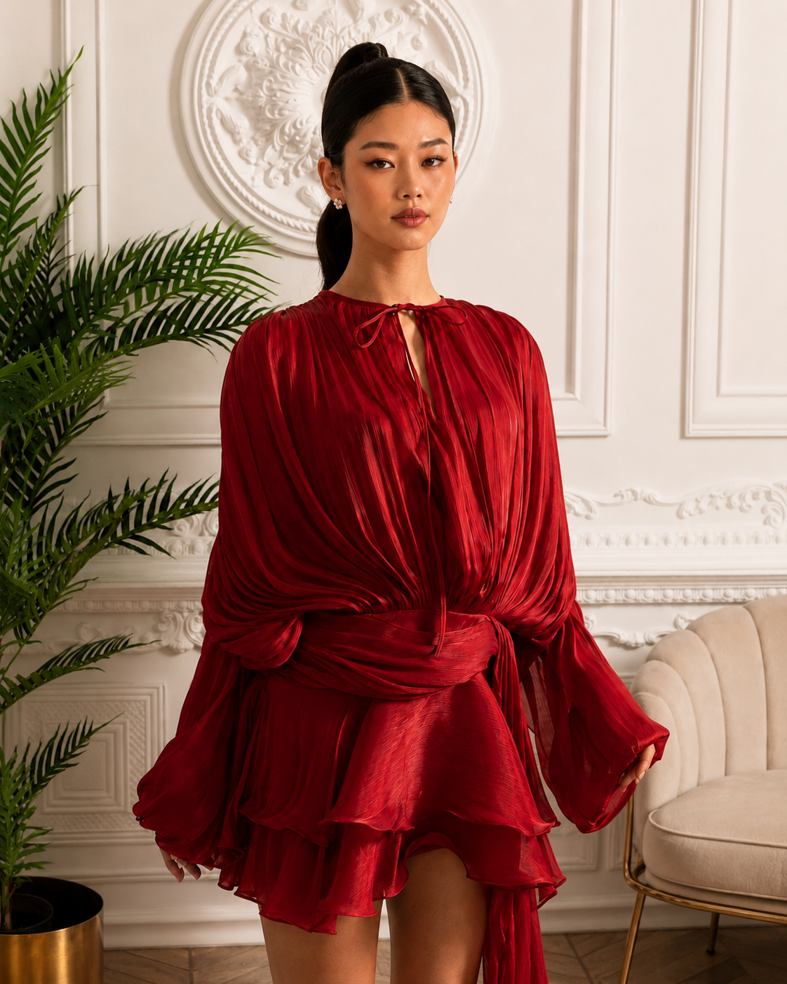 VESTIDO DRAPEADO CON MINIFALDA Y CINTURA FRUNCIDA - ROJO