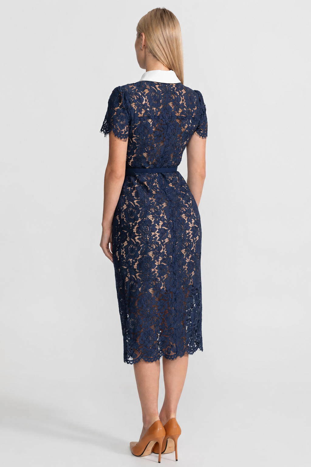 VESTIDO MIDI DE ENCAJE FLORAL CON CUELLO SASTRE - AZUL MARINO