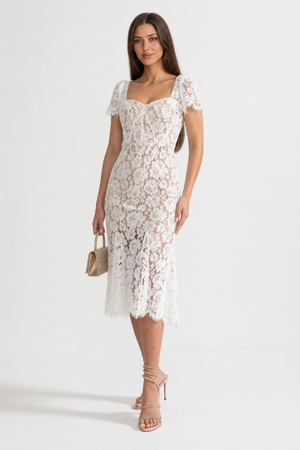 VESTIDO DE ENCAJE CON CINTURÓN A JUEGO - BLANCO