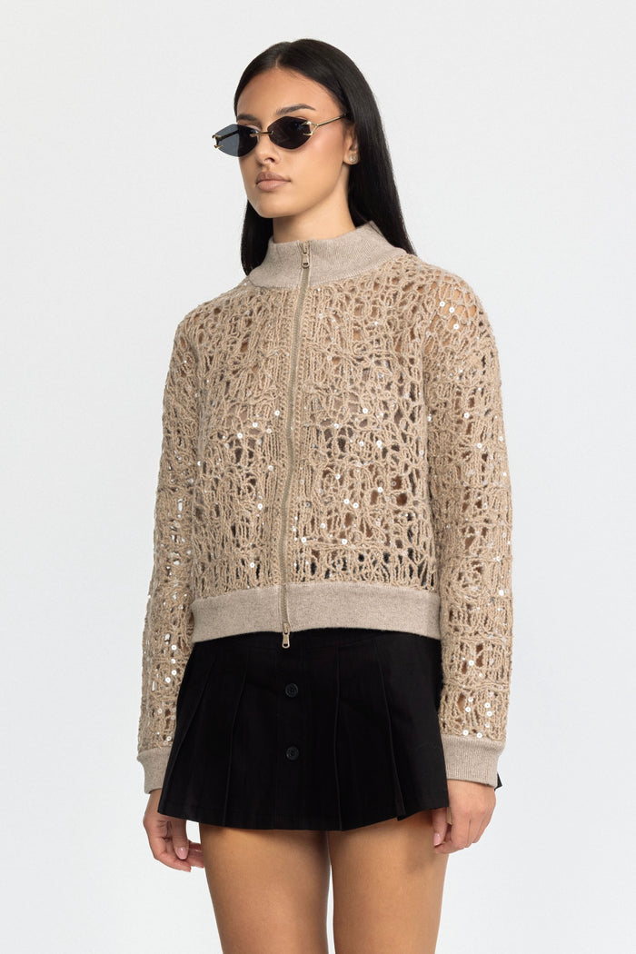 CÁRDIGAN DE PUNTO CALADO CON LENTEJUELAS Y CREMALLERA - BEIGE