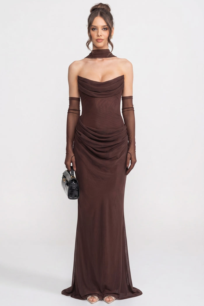 VESTIDO MAXI PALABRA DE HONOR DRAPEADO CON ESCOTE CAÍDO Y PAÑUELO TRANSPARENTE - MARRÓN