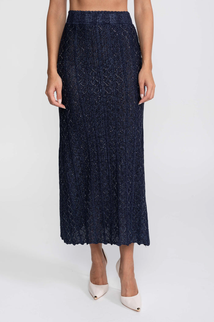 CONJUNTO DE ENCAJE CON ROMBOS DE MANGA LARGA Y FALDA MAXI - AZUL MARINO