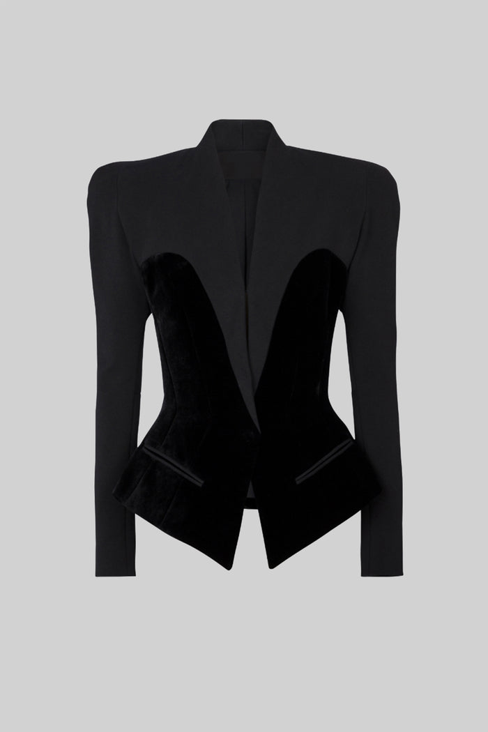 BLAZER ENTALLADA DE MANGA LARGA CON PANELES DE TERCIOPELO ESTILO CORSÉ - NEGRO
