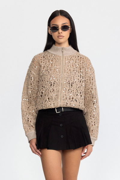 CÁRDIGAN DE PUNTO CALADO CON LENTEJUELAS Y CREMALLERA - BEIGE