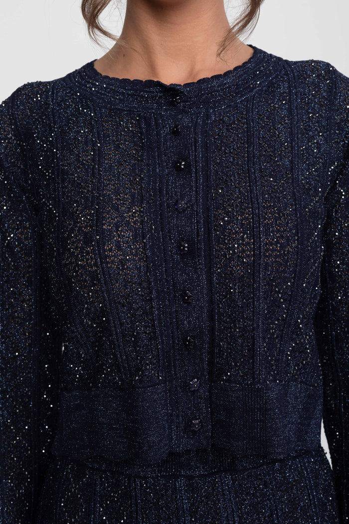 CONJUNTO DE ENCAJE CON ROMBOS DE MANGA LARGA Y FALDA MAXI - AZUL MARINO