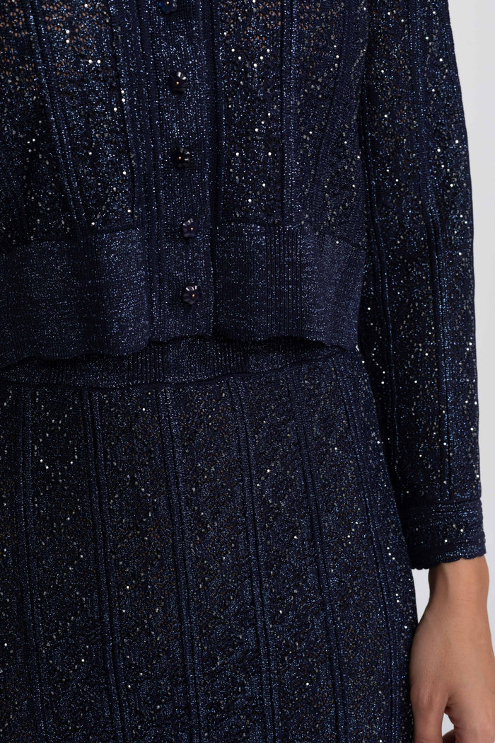 CONJUNTO DE ENCAJE CON ROMBOS DE MANGA LARGA Y FALDA MAXI - AZUL MARINO