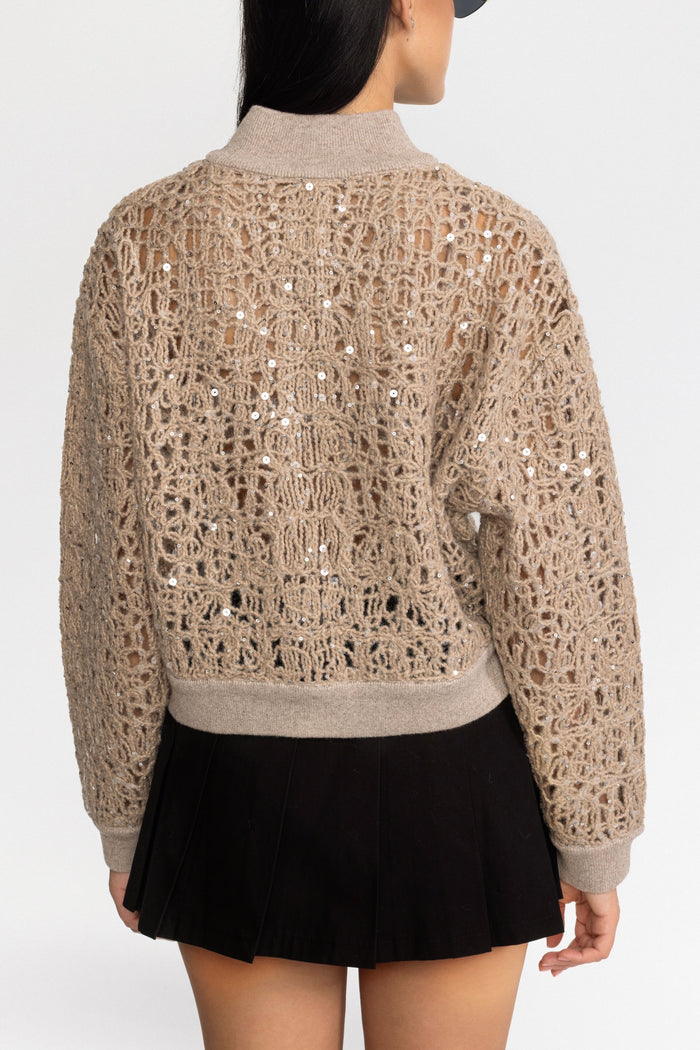 CÁRDIGAN DE PUNTO CALADO CON LENTEJUELAS Y CREMALLERA - BEIGE