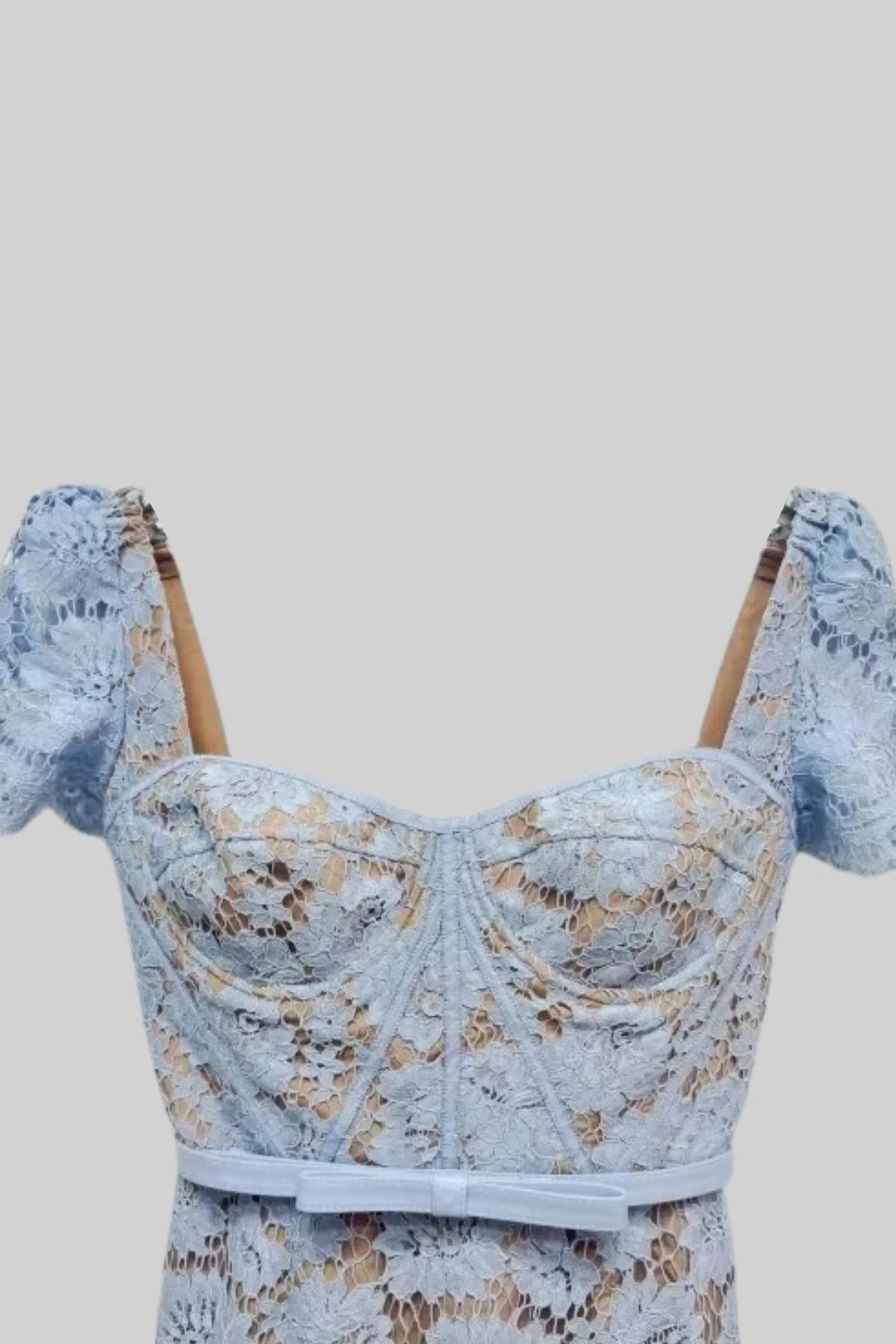 Vestido Floral Bordado de Manga Corta Azul - vista 5