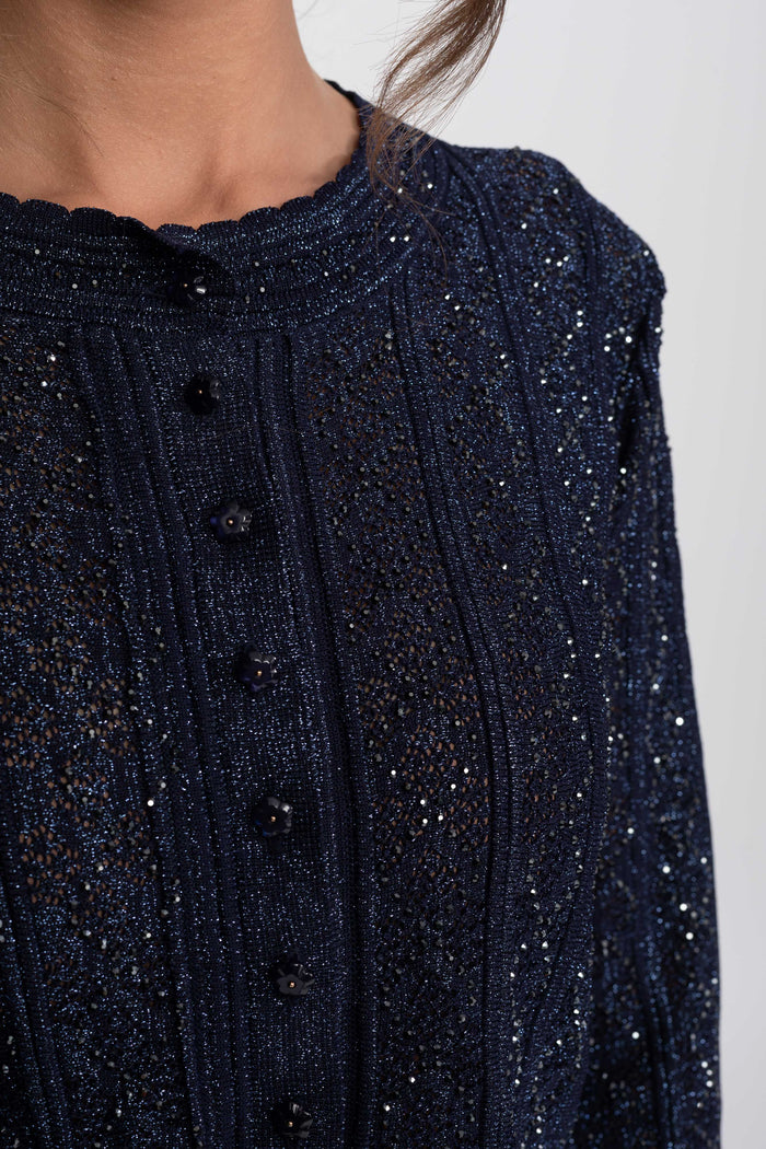 CONJUNTO DE ENCAJE CON ROMBOS DE MANGA LARGA Y FALDA MAXI - AZUL MARINO