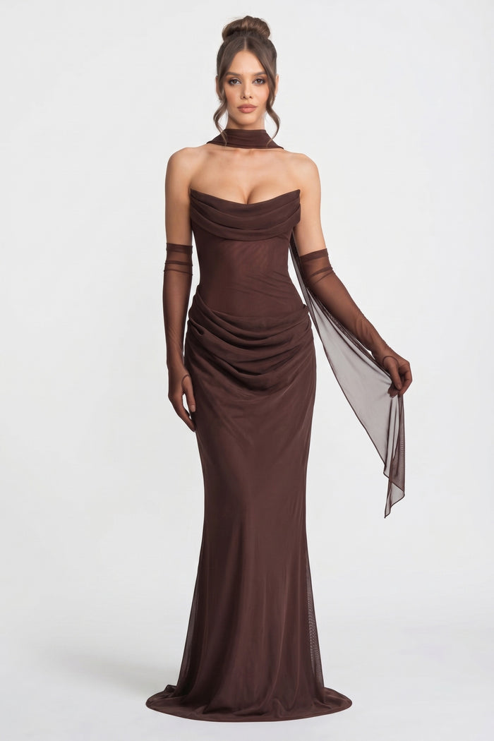 VESTIDO MAXI PALABRA DE HONOR DRAPEADO CON ESCOTE CAÍDO Y PAÑUELO TRANSPARENTE - MARRÓN
