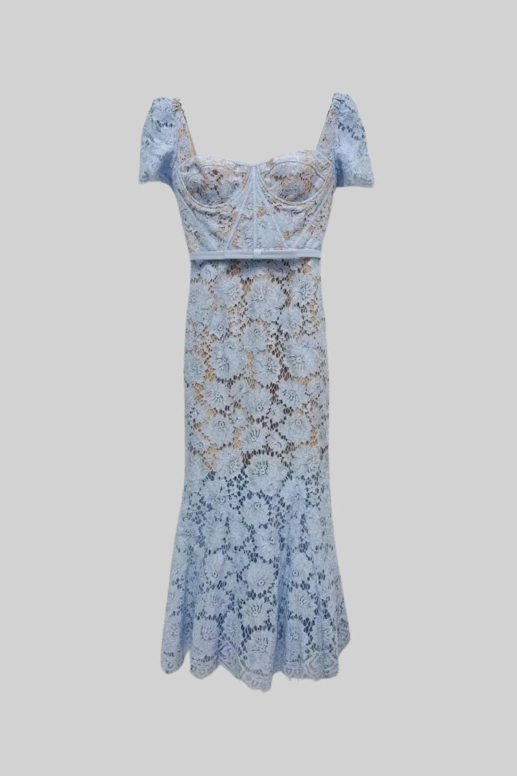 Vestido Floral Bordado de Manga Corta Azul - vista 6