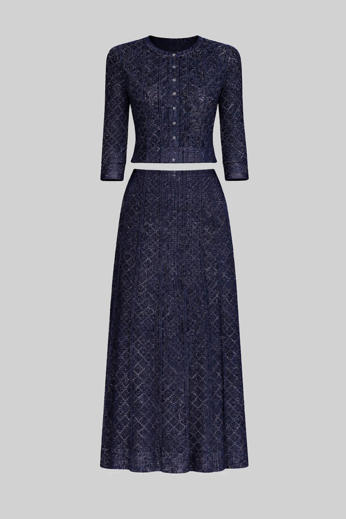 CONJUNTO DE ENCAJE CON ROMBOS DE MANGA LARGA Y FALDA MAXI - AZUL MARINO