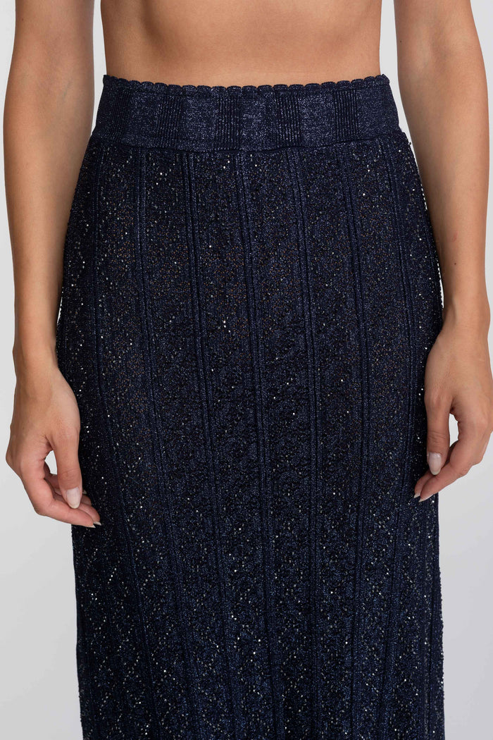 CONJUNTO DE ENCAJE CON ROMBOS DE MANGA LARGA Y FALDA MAXI - AZUL MARINO