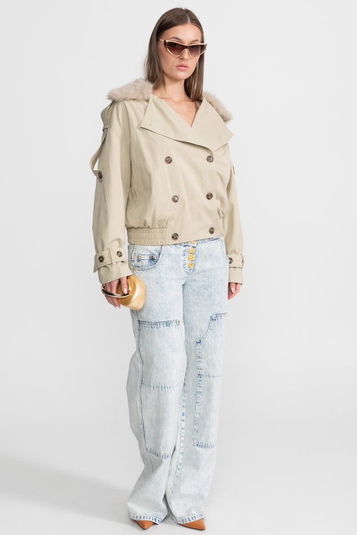 TRENCH CORTO CON CUELLO DE PELO - BEIGE