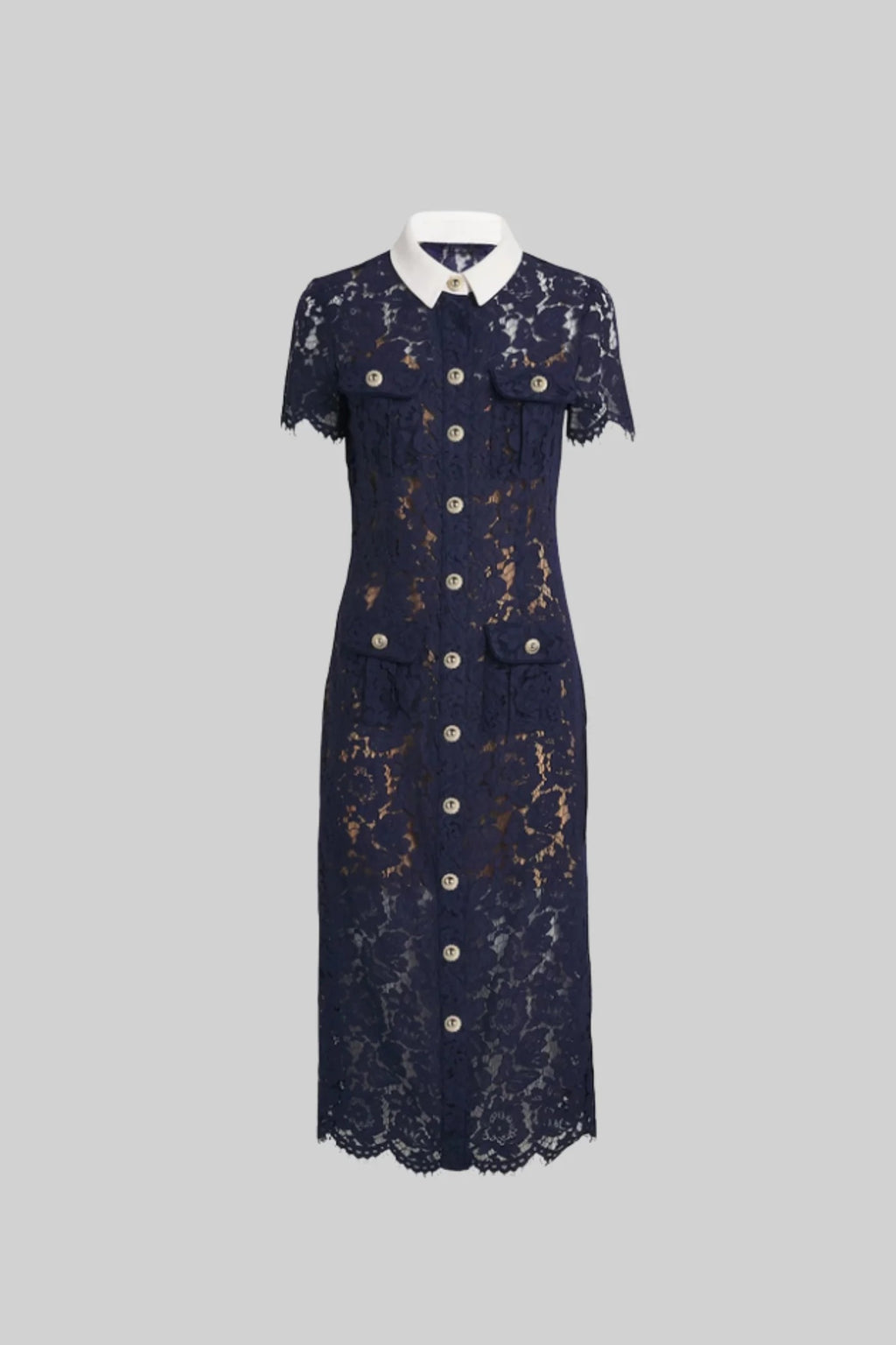 VESTIDO MIDI DE ENCAJE FLORAL CON CUELLO SASTRE - AZUL MARINO