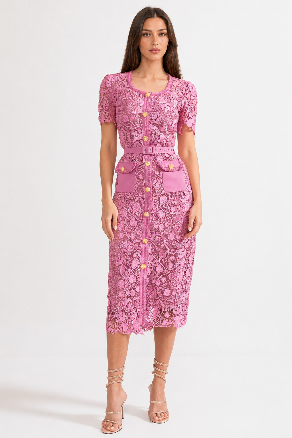 VESTIDO MIDI DE ENCAJE - ROSA