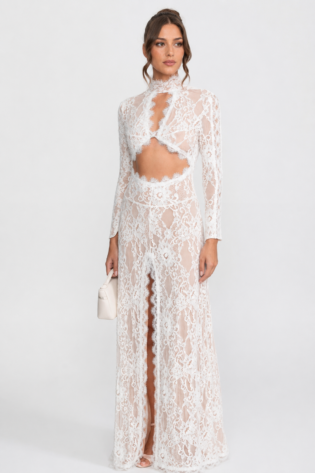 VESTIDO LARGO DE ENCAJE CON CUELLO ALTO Y ABERTURA FRONTAL - BLANCO