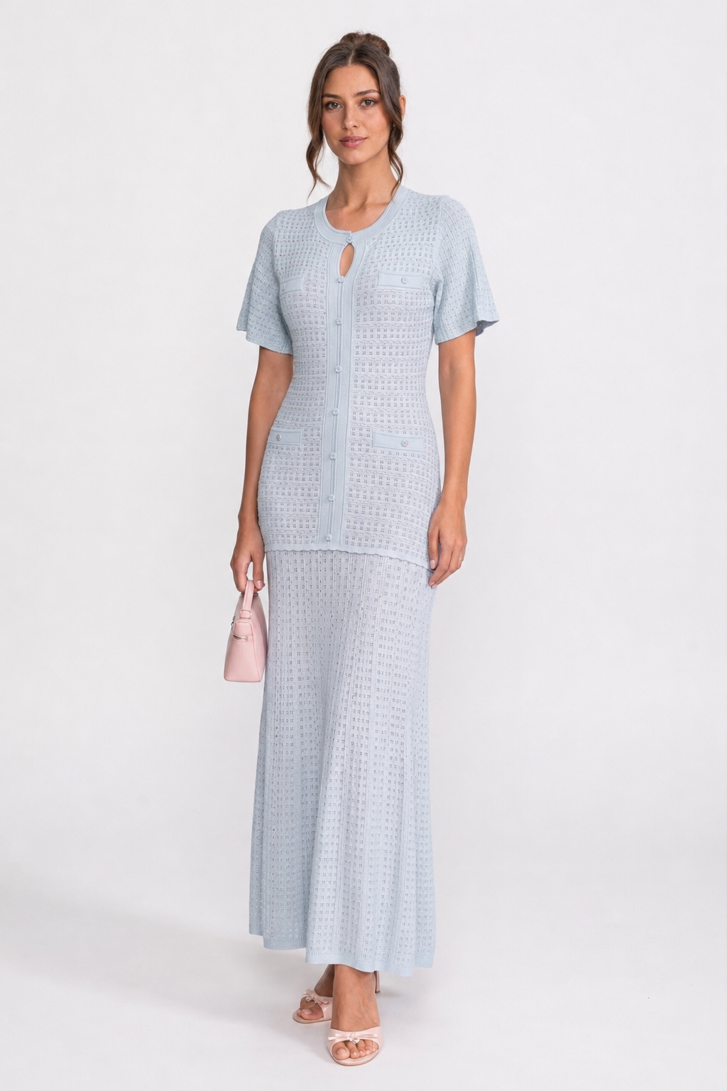 VESTIDO MAXI DE PUNTO BRILLANTE - AZUL CIELO