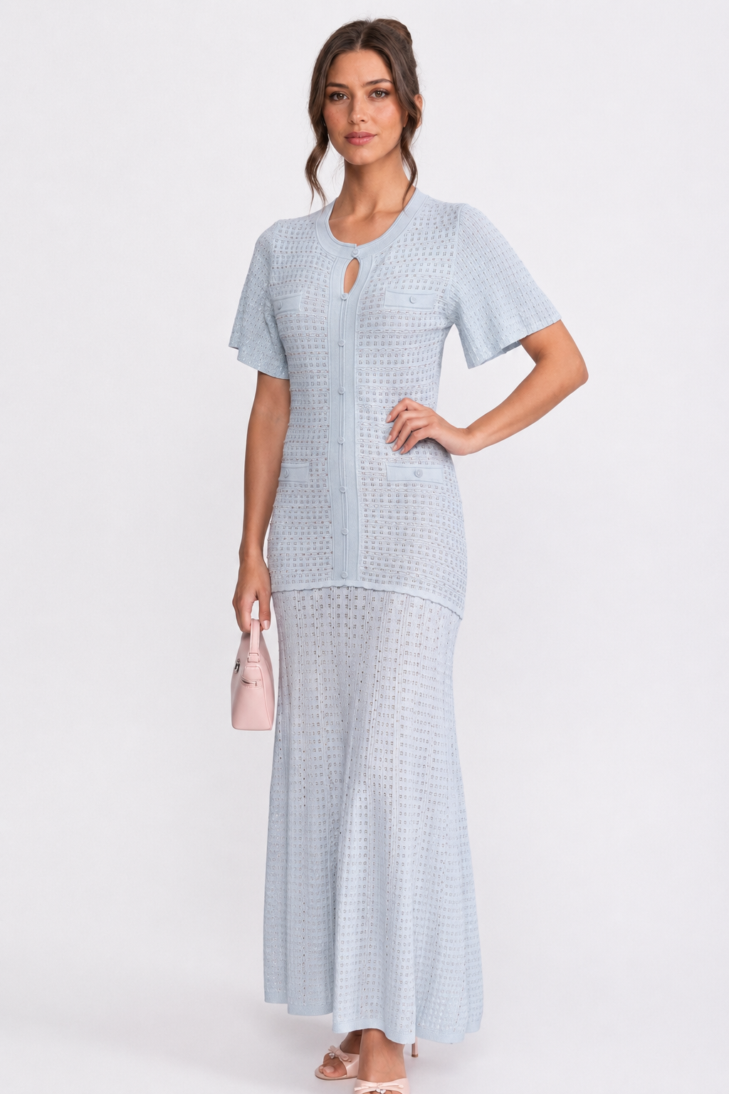 VESTIDO MAXI DE PUNTO BRILLANTE - AZUL CIELO
