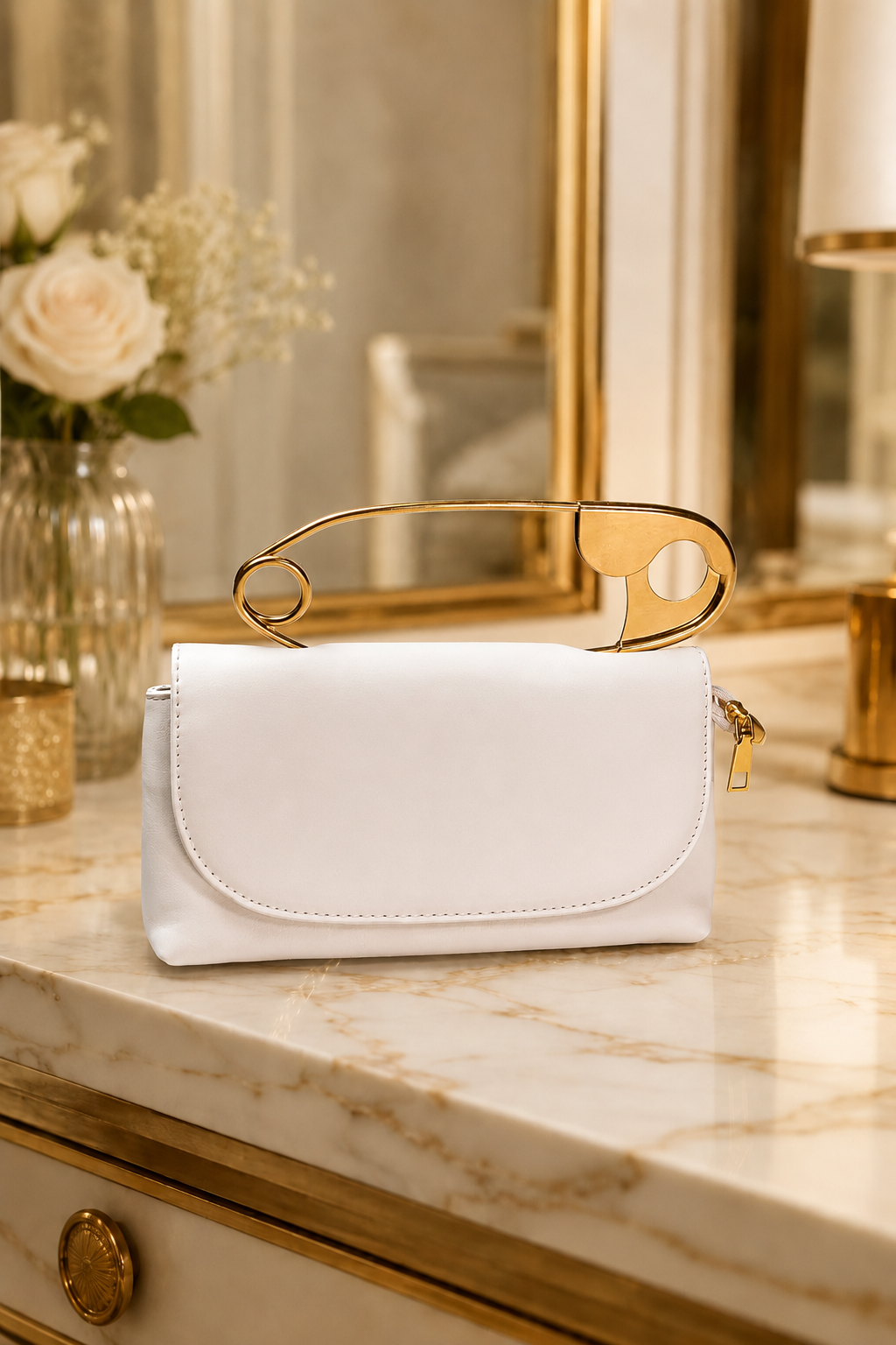 BOLSO CON CIERRE METÁLICO DECORATIVO Y CORREA DE HOMBRO - MARFIL