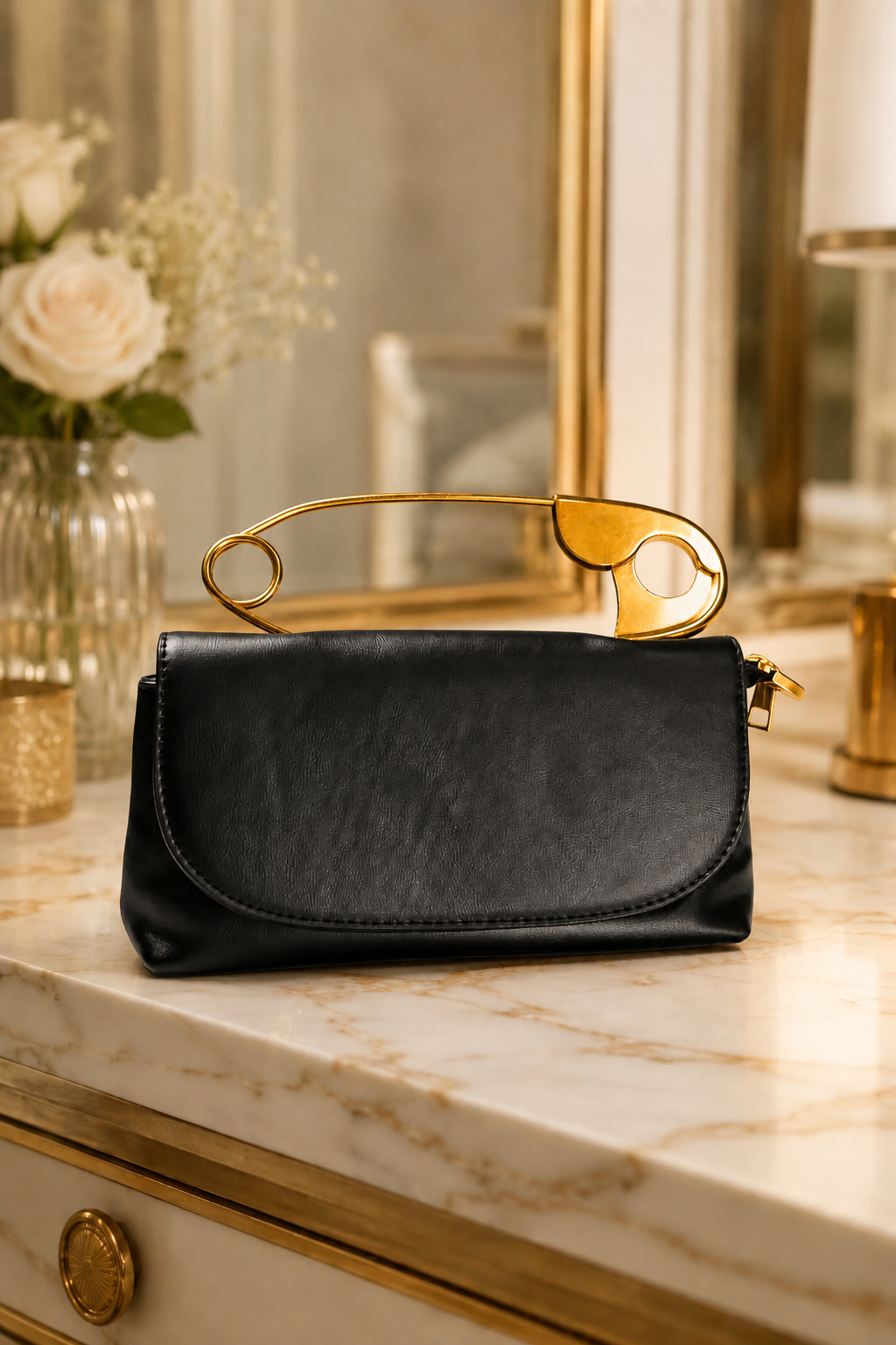 BOLSO CON CIERRE METÁLICO DECORATIVO Y CORREA DE HOMBRO - NEGRO