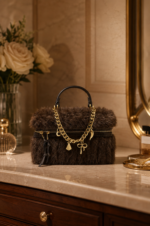 BOLSO DE MANO CON PELO SINTÉTICO Y CADENA DECORATIVA - MARRÓN