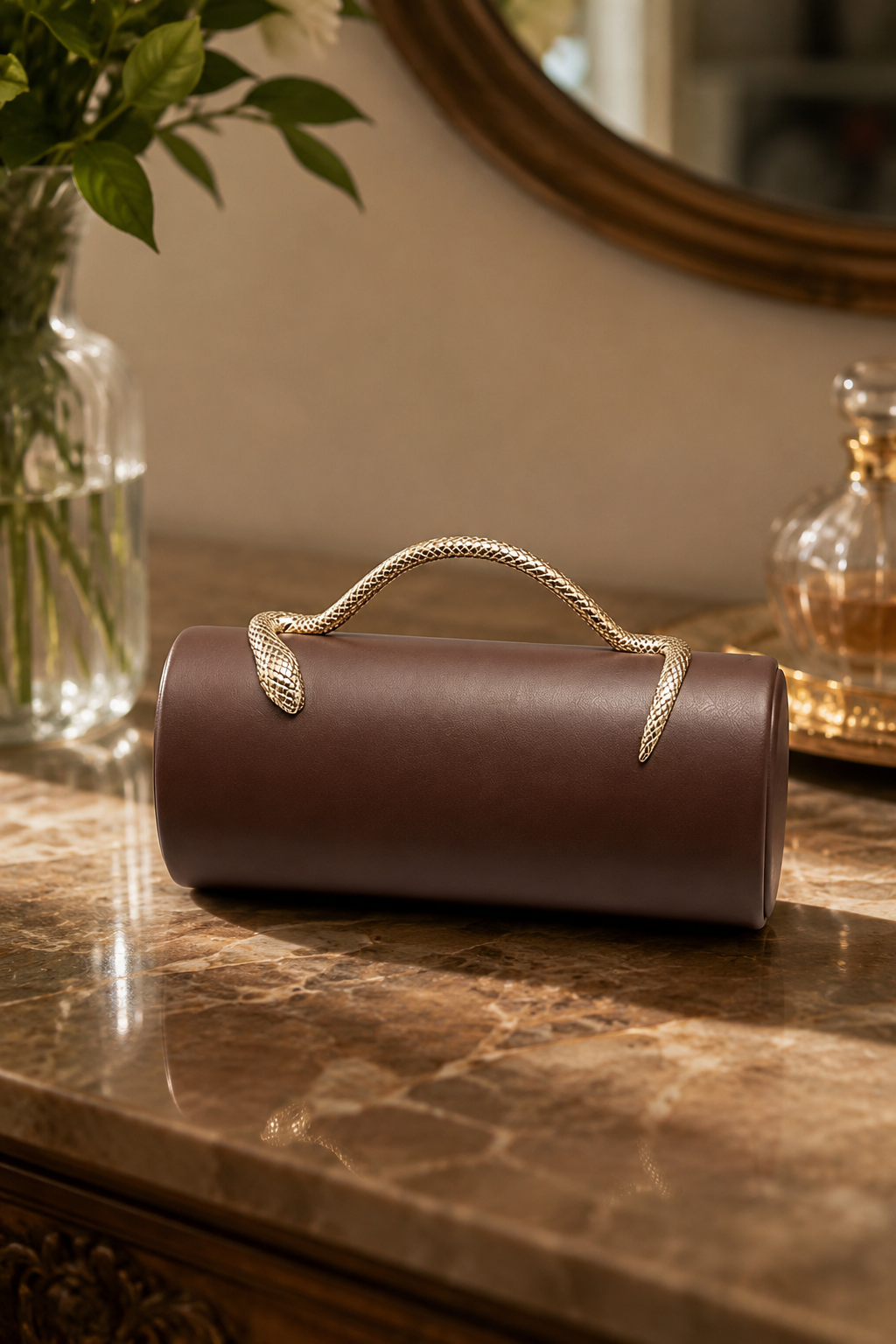 BOLSO DE MANO ESTRUCTURADO CON ASA DE SERPIENTE Y CADENA DORADA - MARRÓN