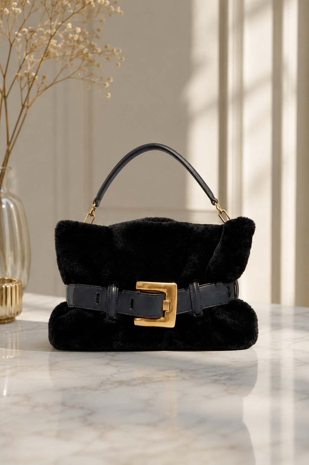 BOLSO DE MANO CON PELO SINTÉTICO Y HEBILLA DECORATIVA - NEGRO