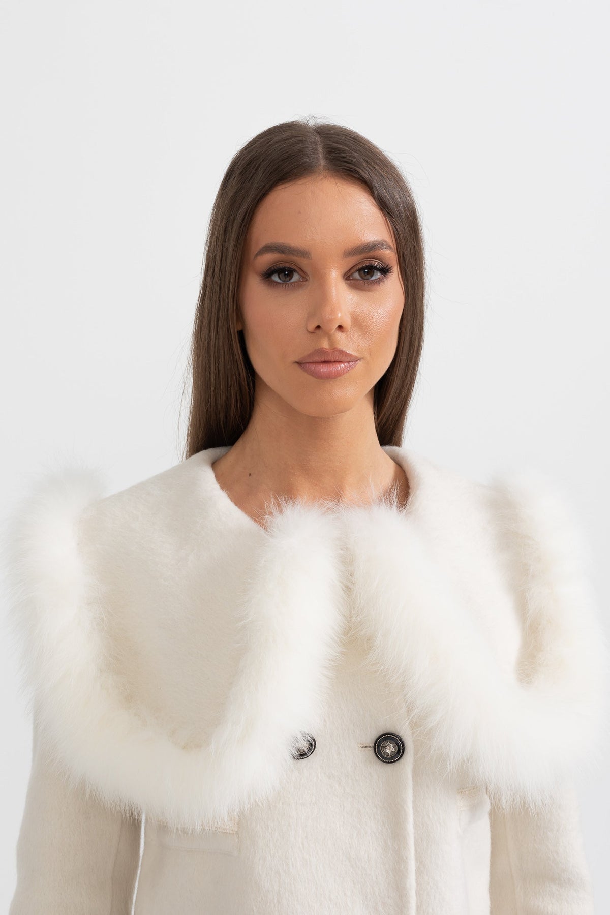 Chaqueta corta cruzada con cuello de pelo - Blanco