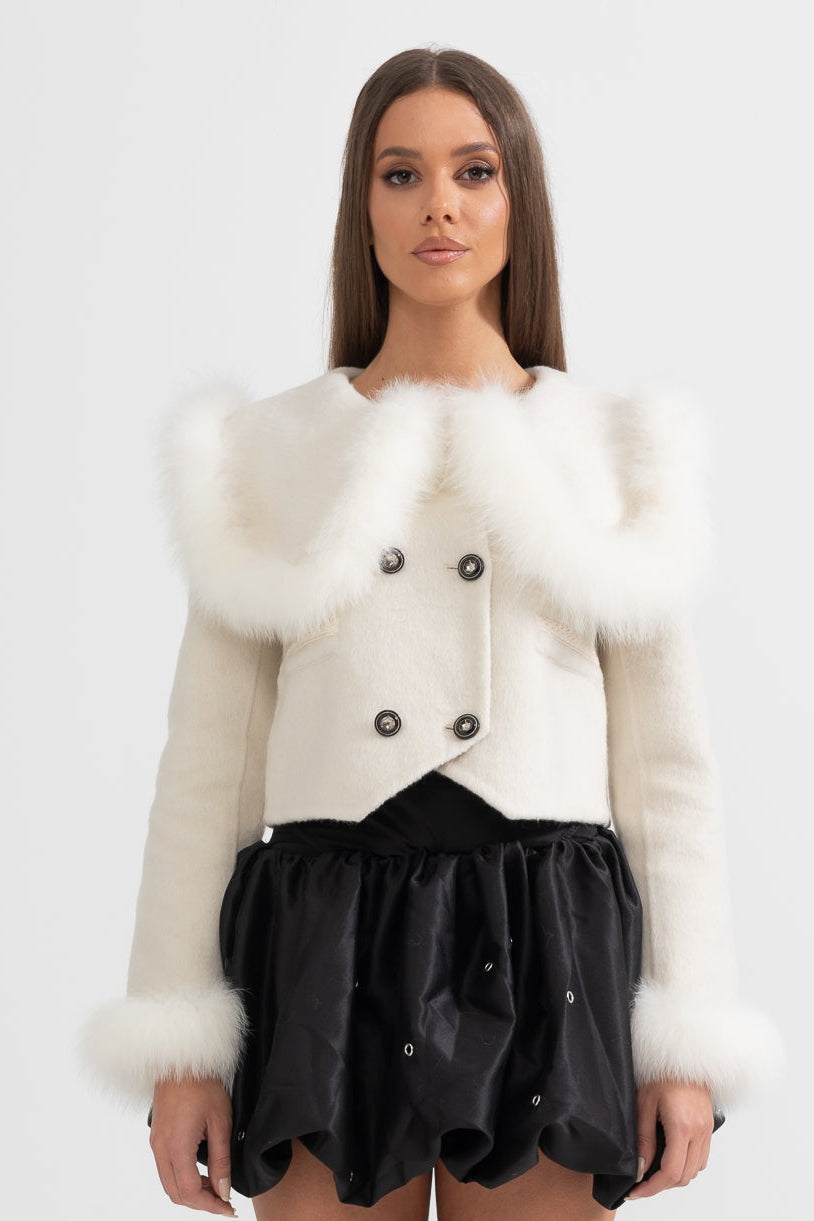 Chaqueta corta cruzada con cuello de pelo - Blanco