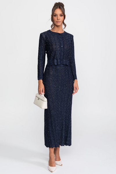 CONJUNTO DE ENCAJE CON ROMBOS DE MANGA LARGA Y FALDA MAXI - AZUL MARINO