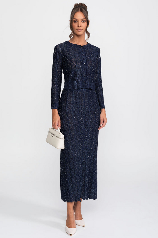 CONJUNTO DE ENCAJE CON ROMBOS DE MANGA LARGA Y FALDA MAXI - AZUL MARINO