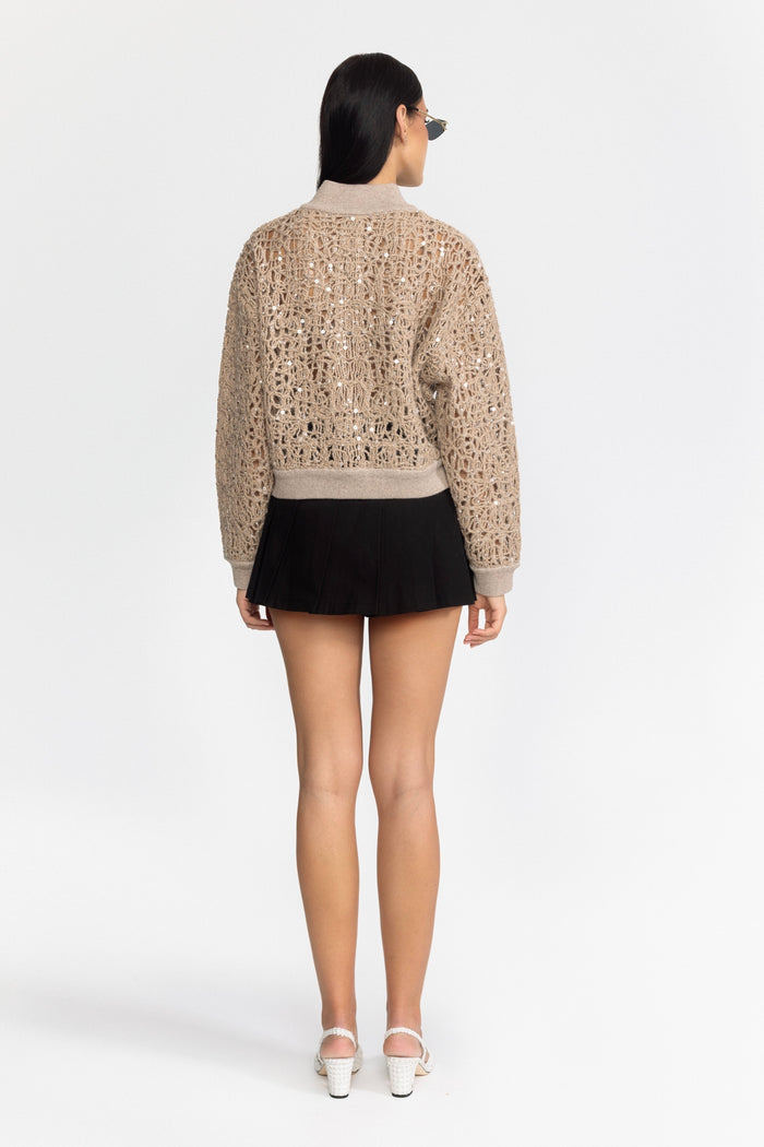 CÁRDIGAN DE PUNTO CALADO CON LENTEJUELAS Y CREMALLERA - BEIGE
