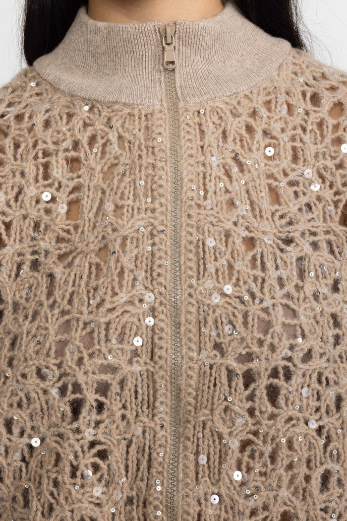 CÁRDIGAN DE PUNTO CALADO CON LENTEJUELAS Y CREMALLERA - BEIGE