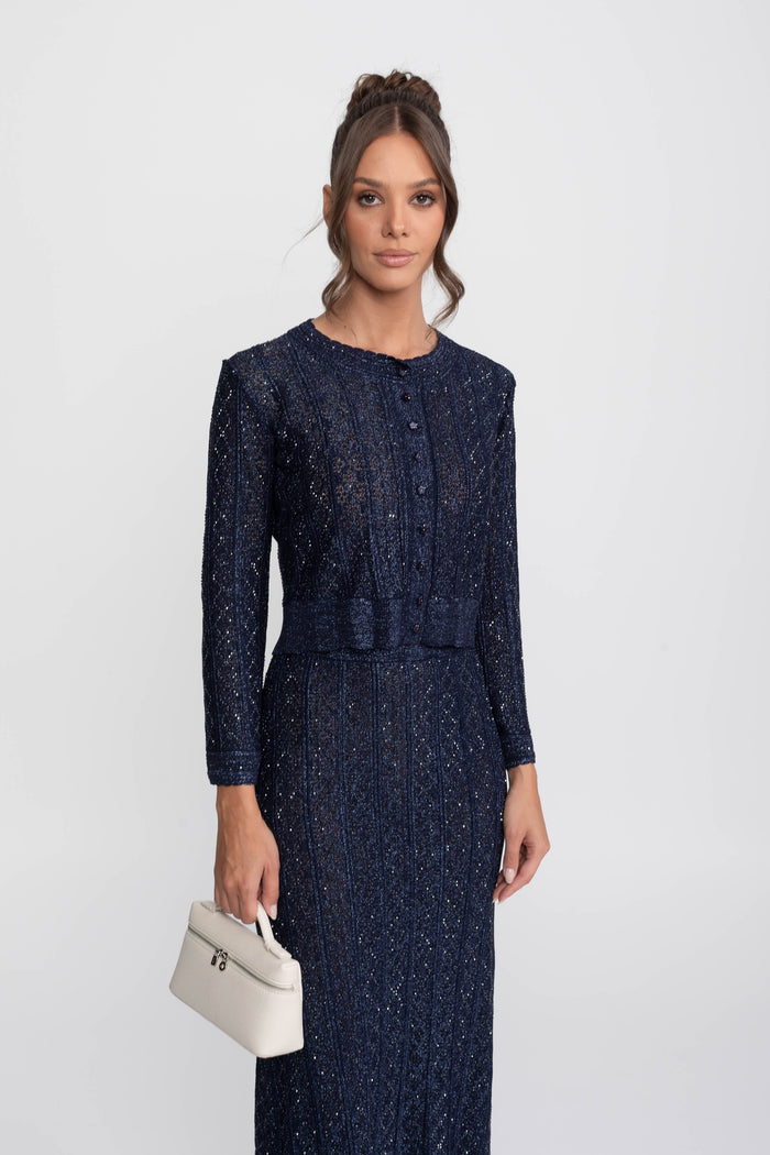 CONJUNTO DE ENCAJE CON ROMBOS DE MANGA LARGA Y FALDA MAXI - AZUL MARINO